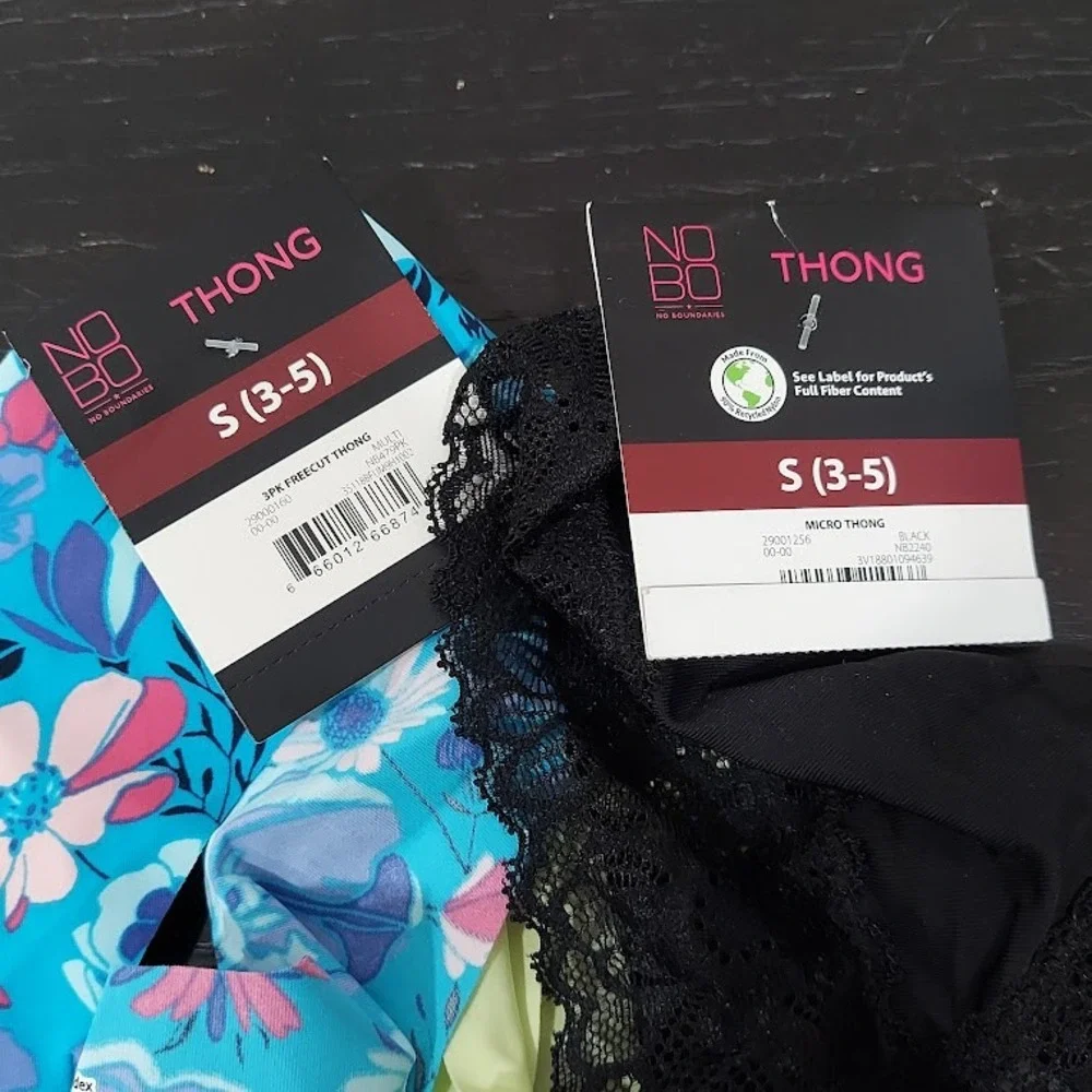 No Boundaries Womens 3‎ Pack Thong Underwear Black Lace Floral Neon Green Sm 3-5